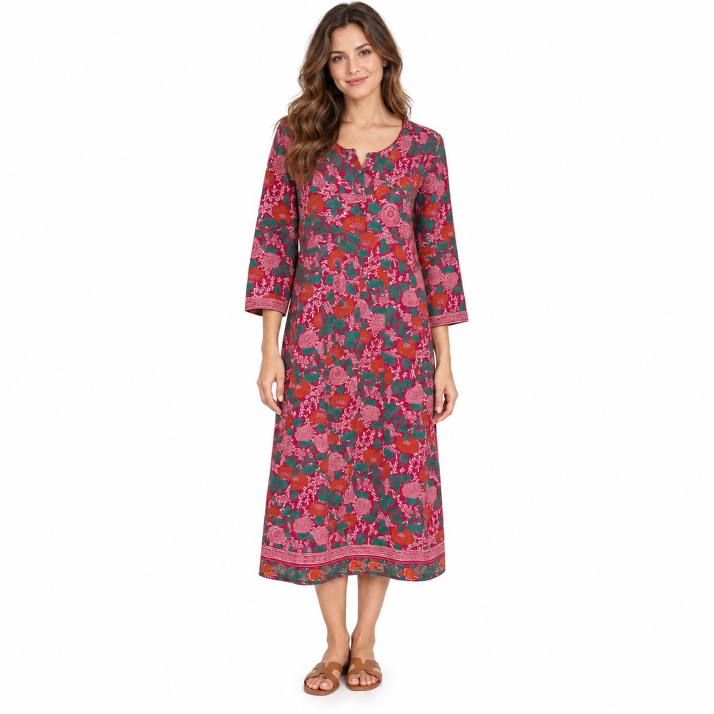 Anokhi Pink Floral Cotton Block Print Long Midi Dress XS 3/4 Sleeve India Boho